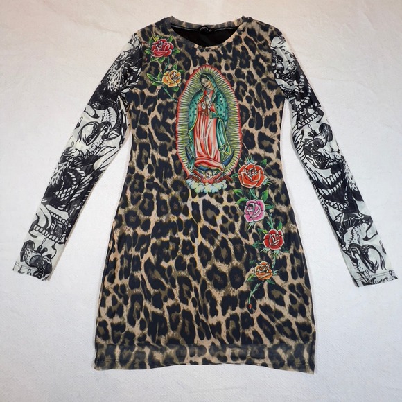 Ed Hardy Leopard Print Virgin Mary Tattoo Rose Long Sleeve Mesh Dress Size M - Picture 1 of 9